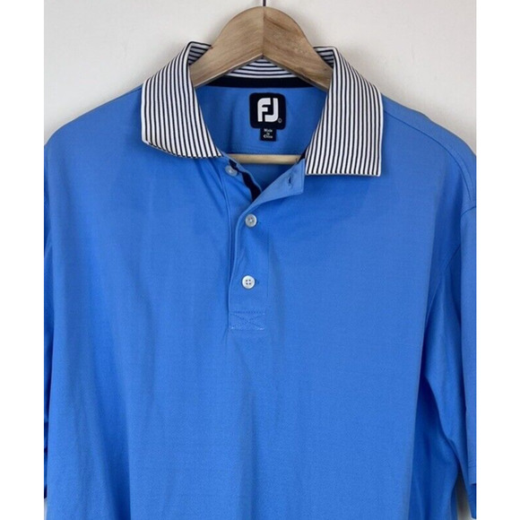 Footjoy FJ Polo Shirt Men’s L Large Blue Striped Collar Performance Stretch‎ - Picture 2 of 4